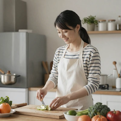 Saki, a 26-year-old Japanese woman cooking in a kitchen, an example of a natural profile photo on MagnoliaDate
