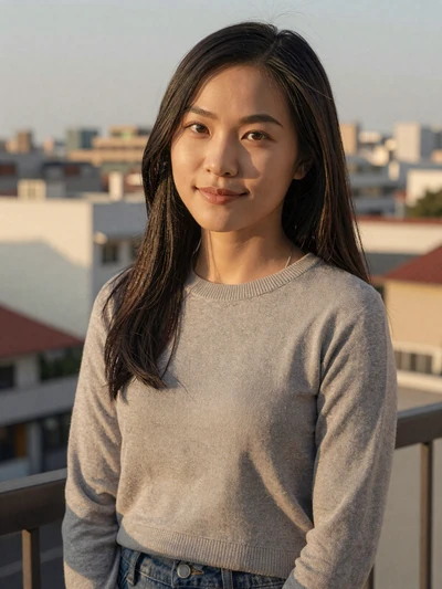 Linh, a 30-year-old Vietnamese woman in a grey sweater on a balcony on MagnoliaDate Asian dating site