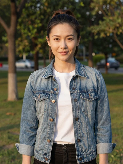 Mei, a 32-year-old Chinese woman in a denim jacket at a park on MagnoliaDate dating platform