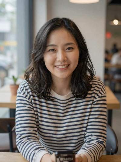 Nari, a 26-year-old Korean woman in a striped shirt at a cafe on MagnoliaDate dating platform