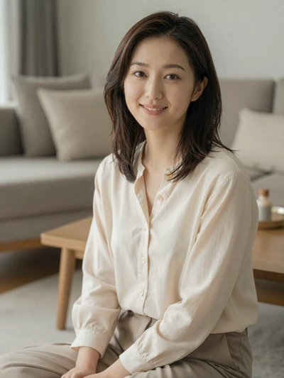 Hana, a 27-year-old Japanese woman smiling in a bright living room on MagnoliaDate dating platform