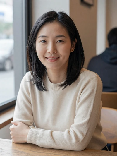 Nari, a 27-year-old Korean woman smiling at a cafe, ready to chat on MagnoliaDate Asian dating platform