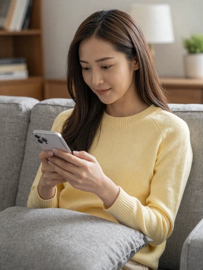 Asian woman in a yellow sweater smiling at her phone while exploring MagnoliaDate credit packages and pricing options