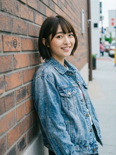Hana, a 26-year-old Japanese woman in a denim jacket on a city street on MagnoliaDate dating platform