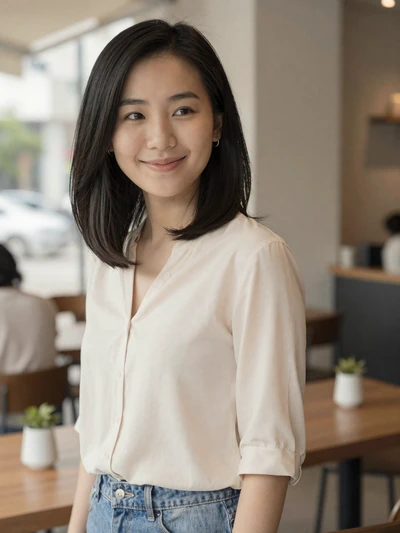 Nari, a 31-year-old Asian woman smiling in a sunlit cafe on MagnoliaDate dating site