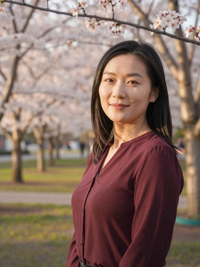 Lin, a 30-year-old Chinese woman in a burgundy blouse at a park on MagnoliaDate international dating site