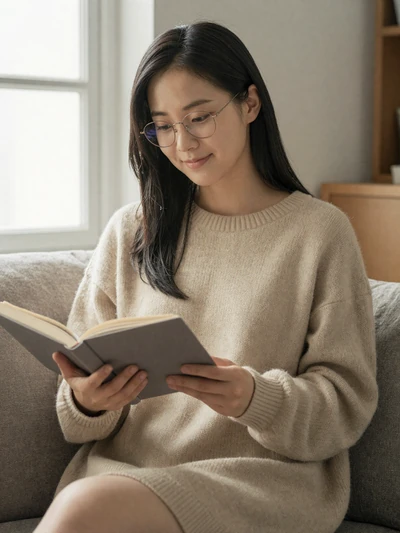 Sora, a 25-year-old Korean woman with glasses reading at home on MagnoliaDate Asian dating site