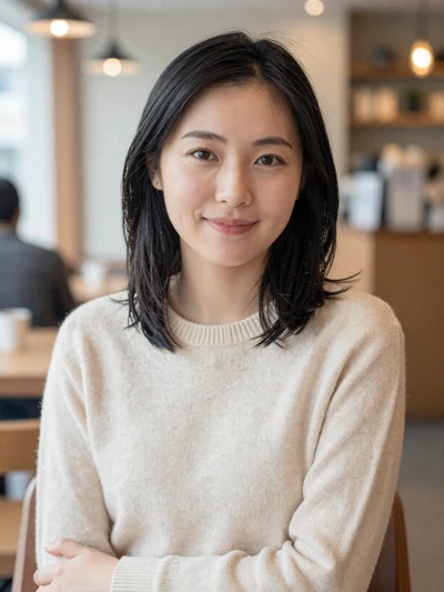 Yuki, a 28-year-old Japanese woman smiling in a coffee shop on MagnoliaDate Asian dating site